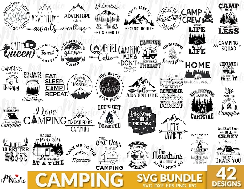Puede incluir: Un paquete de dise&ntilde;o gr&aacute;fico en blanco y negro con 42 dise&ntilde;os SVG con tem&aacute;tica de camping. Los dise&ntilde;os presentan varias frases e im&aacute;genes relacionadas con el camping, incluyendo una caravana, monta&ntilde;as, una fogata y un bosque.