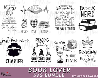 May include: A set of 10 black and white SVG cut files for book lovers. The designs include quotes about books, reading, and bookworms.  The text includes: "Between the pages of a book", "It's a lovely place to be", "Just one more chapter", "Peace. Love. Books", "Reading with my gnomies", "You can't buy happiness but you can buy books and that's kinda the same thing", "Book Nerd", "So many books", "So little time", "Reading is magical".