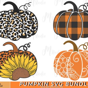 May include: A set of four pumpkin SVG cut files. The pumpkins are in different styles: leopard print, buffalo plaid, sunflower, and mandala. The text "Pumpkin SVG Bundle" is at the bottom of the image.