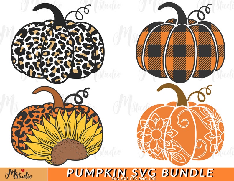 May include: A set of four pumpkin SVG cut files. The pumpkins are in different styles: leopard print, buffalo plaid, sunflower, and mandala. The text "Pumpkin SVG Bundle" is at the bottom of the image.