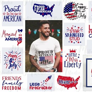 May include: A collage of 16 different designs featuring red, white, and blue colors with patriotic themes. The designs include text such as "Proud to be an American", "Happy 4th of July", "Little Firecracker", and "Friends Family Freedom".