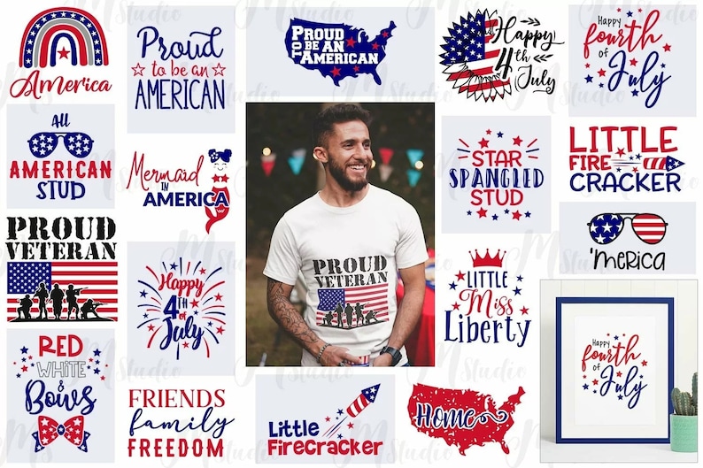 May include: A collage of 16 different designs featuring red, white, and blue colors with patriotic themes. The designs include text such as "Proud to be an American", "Happy 4th of July", "Little Firecracker", and "Friends Family Freedom".