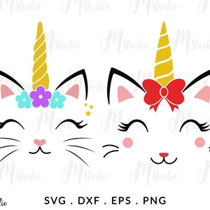 Licorne visage Svg, chat Licorne Svg, fille anniversaire chemise Svg, Kitty Licorne avec des cils, fichiers Svg coupés pour Cricut, Png, Dxf