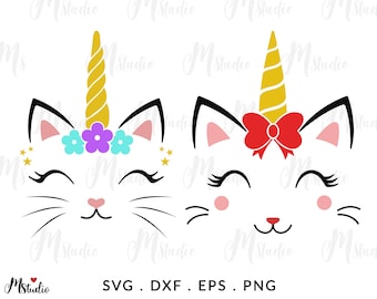 Unicorn Face Svg, Cat Unicorn Svg, Girl Birthday Shirt Svg, Kitty Unicorn met wimpers, Svg Cut Files voor Cricut, Png, Dxf