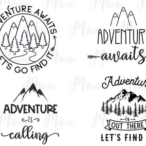 Puede incluir: Cuatro ilustraciones en blanco y negro con im&aacute;genes de monta&ntilde;as y bosques y texto que dice "La aventura te espera", "La aventura llama", "La aventura te espera" con una flecha y "La aventura est&aacute; ah&iacute; fuera, vamos a encontrarla".