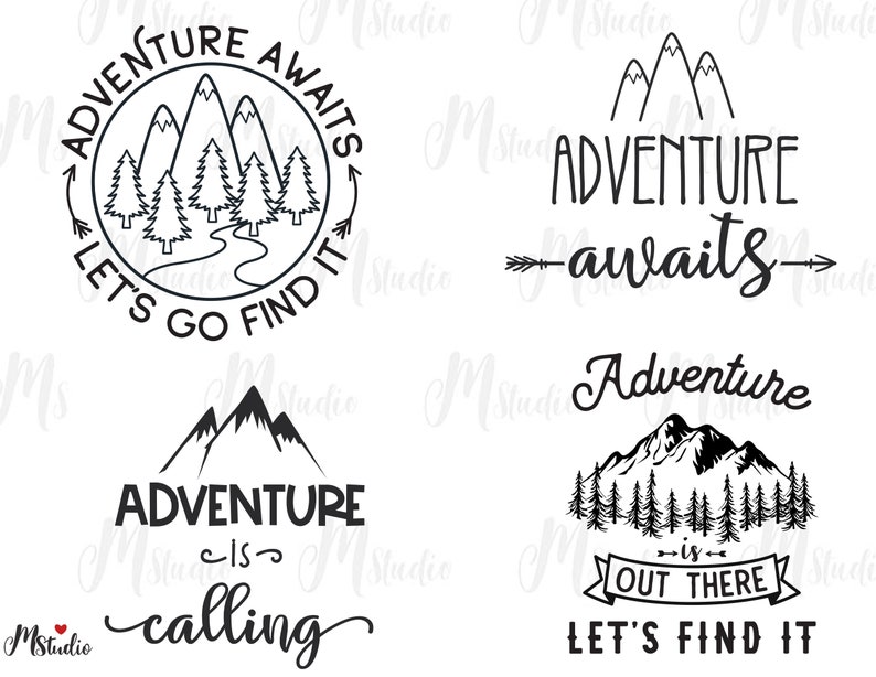 Puede incluir: Cuatro ilustraciones en blanco y negro con im&aacute;genes de monta&ntilde;as y bosques y texto que dice "La aventura te espera", "La aventura llama", "La aventura te espera" con una flecha y "La aventura est&aacute; ah&iacute; fuera, vamos a encontrarla".