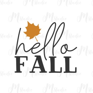 Pode incluir: Um design gr&aacute;fico preto e branco com o texto "hello fall" e uma folha laranja estilizada.