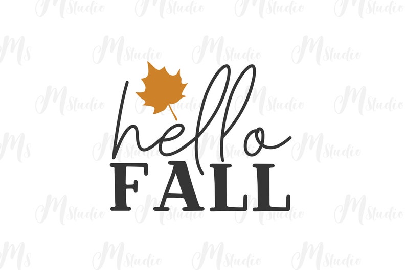 Pode incluir: Um design gr&aacute;fico preto e branco com o texto "hello fall" e uma folha laranja estilizada.