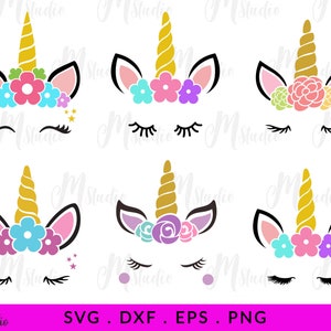 Unicorn SVG face 6 Pack, Girl Birthday Shirt Svg, Unicorn svg, magische eenhoorn svg, Unicorn wimpers svg, Svg Cut Files voor Cricut, Png, Dxf