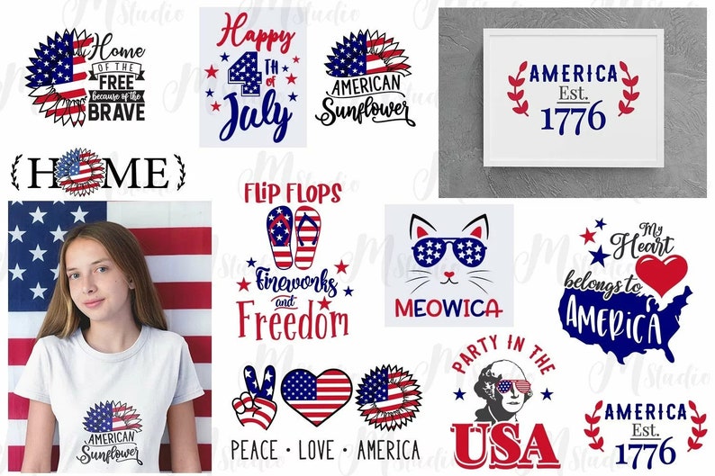 May include: A collection of 12 digital designs featuring American flag imagery and patriotic text. Designs include "Home of the Free", "Happy 4th of July", "American Sunflower", "Flip Flops Fireworks and Freedom", "Peace Love America", "Party in the USA", "My Heart Belongs to America", "Meowica", and "America Est. 1776".