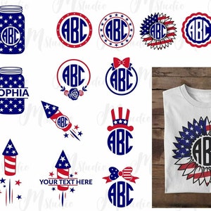 May include: A set of 14 digital cut files featuring a variety of patriotic designs, including mason jars, fireworks, a sunflower, and a bow. The designs are in red, white, and blue and feature the letters "ABC" in a circle. The designs are perfect for creating personalized crafts and projects for the 4th of July.