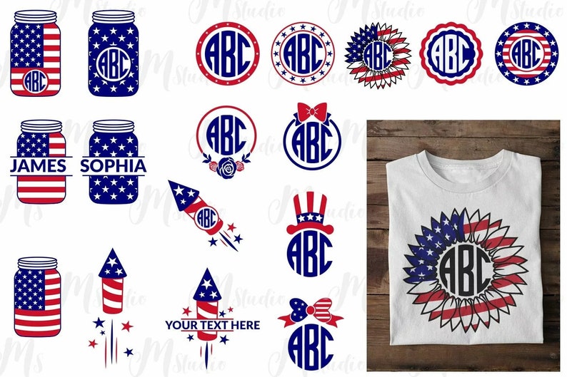 May include: A set of 14 digital cut files featuring a variety of patriotic designs, including mason jars, fireworks, a sunflower, and a bow. The designs are in red, white, and blue and feature the letters "ABC" in a circle. The designs are perfect for creating personalized crafts and projects for the 4th of July.