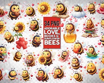 May include: A collection of 34 PNG images featuring adorable cartoon bees. The bees are depicted with various items, including hearts, books, sunflowers, and honey. The images are set against a background of hearts and flowers.