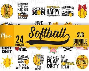 Puede incluir: Una descarga digital de 24 diseños SVG con temática de softbol. Los diseños presentan varias frases e imágenes relacionadas con el softbol, incluyendo "Softball is life", "Dirt on it", "Softball Mom" y "Eat Sleep Softball Repeat".