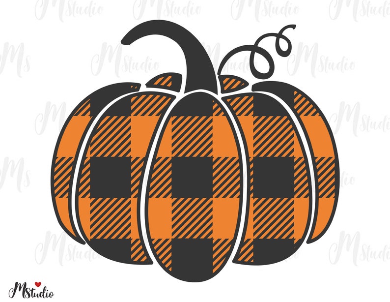 May include: A black and orange pumpkin with a plaid pattern. The pumpkin has a stem and a curly vine.