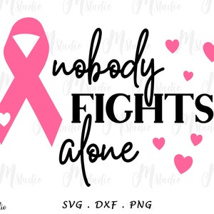 May include: Pink ribbon with a heart in the center, surrounded by smaller pink hearts. The text "nobody fights alone" is in black lettering.