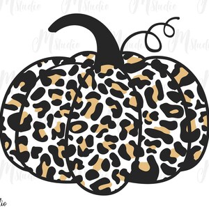May include: A black and white pumpkin with a leopard print pattern. The pumpkin is outlined in black and has a brown stem.