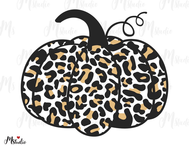 May include: A black and white pumpkin with a leopard print pattern. The pumpkin is outlined in black and has a brown stem.