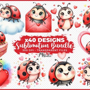 Könnte beinhalten: Eine Sammlung entzückender Marienkäfer-Designs in verschiedenen Posen, umgeben von Herzen und anderen Valentinstag-Elementen. Die Marienkäfer sind rot und schwarz mit niedlichen Ausdrücken. Der Text "x40 Designs Sublimation Bundle" ist ebenfalls enthalten.