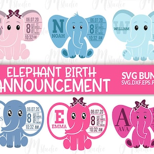 Peut inclure: Un ensemble de six fichiers de découpe SVG représentant un adorable éléphant avec le nom du bébé, la date de naissance, le poids et l'heure. Les éléphants sont en rose, bleu et bleu clair. Le texte comprend les noms Sophia, Noah, William, James, Emma et Ava.
