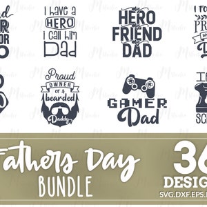 May include: A set of 36 Father's Day designs in black and white. The designs feature various phrases and images related to fathers, such as "My Dad is my Hero", "Proud Owner of a Bearded Daddy", and "Gamer Dad".