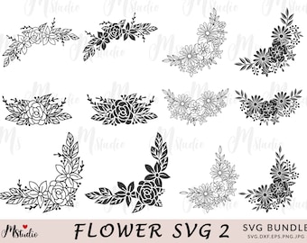 May include: A set of 10 black and white floral corner SVG designs. The designs feature various floral arrangements, including wreaths, bouquets, and individual flowers. The designs are perfect for creating custom projects, such as invitations, cards, and scrapbook pages.