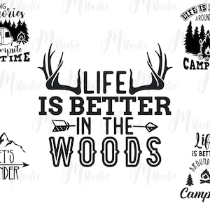 Puede incluir: Dise&ntilde;os gr&aacute;ficos en blanco y negro con temas de camping y naturaleza. Los dise&ntilde;os incluyen texto como "Making memories", "Life is better around the campfire", "Life is better in the woods", y "Let's wander".