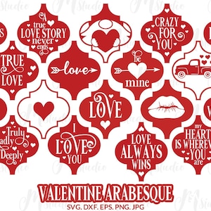 May include: A set of 16 Valentine's Day themed digital cut files in a red and white color scheme. The designs feature various romantic phrases and symbols, including hearts, arrows, and the words "love", "true", "crazy", "best friends", and "hello valentine".