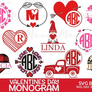 May include: A set of 10 Valentine's Day monogram SVG cut files. The designs feature hearts, arrows, and monograms in various colors and patterns. The text "VALENTINES DAY MONOGRAM" and "SVG BUNDLE" is included in the image.