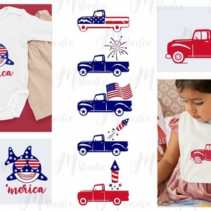 May include: A set of digital cut files featuring a patriotic shark with sunglasses and the text 'merica', a red pickup truck with stars, and a blue pickup truck with fireworks and a flag.