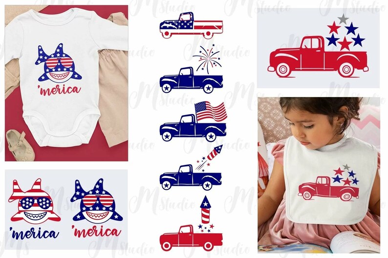 May include: A set of digital cut files featuring a patriotic shark with sunglasses and the text 'merica', a red pickup truck with stars, and a blue pickup truck with fireworks and a flag.