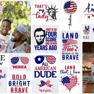 May include: A collection of digital designs featuring patriotic American flag graphics and text. The designs include phrases like "Land that I love", "All American Dude", "Bold Stripes Bright Stars Brave Hearts", and "Home America the Beautiful".