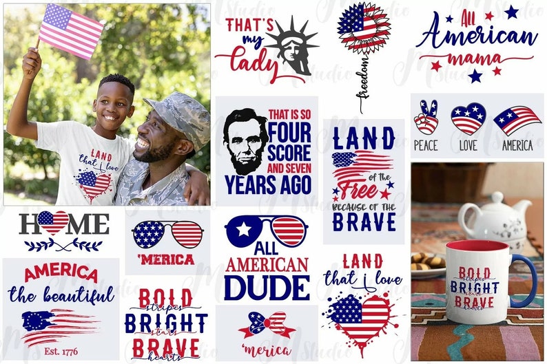 May include: A collection of digital designs featuring patriotic American flag graphics and text. The designs include phrases like "Land that I love", "All American Dude", "Bold Stripes Bright Stars Brave Hearts", and "Home America the Beautiful".