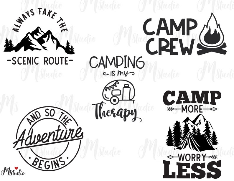 Puede incluir: Ilustraciones de tem&aacute;tica de camping en blanco y negro con texto. El texto incluye "Always take the scenic route", "Camping is my therapy", "Camp Crew", "Camp more worry less", y "And so the adventure begins".