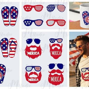 May include: A set of digital cut files featuring red, white, and blue flip flops, sunglasses, and a bearded man with sunglasses. The designs include the words 'MERICA' and 'USA' and initials 'ABC'.