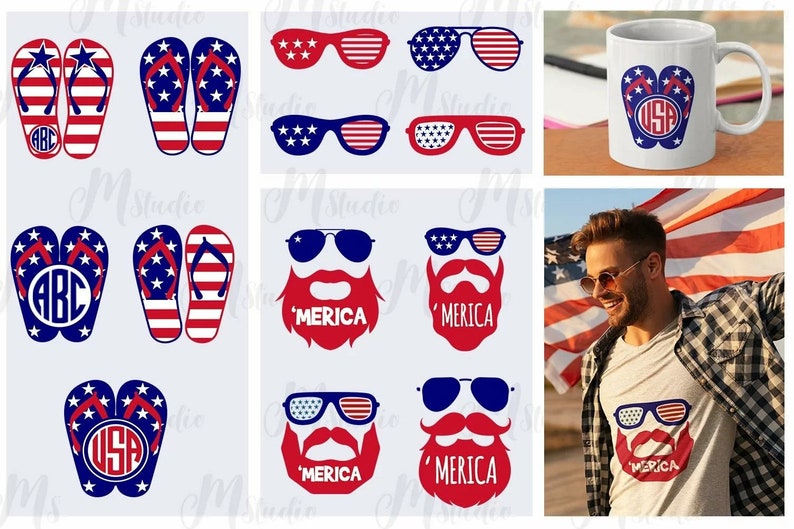 May include: A set of digital cut files featuring red, white, and blue flip flops, sunglasses, and a bearded man with sunglasses. The designs include the words 'MERICA' and 'USA' and initials 'ABC'.