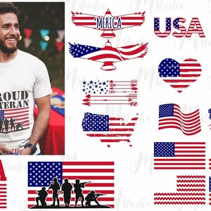 May include: A set of 12 digital clipart images featuring American flag designs. The designs include a heart, a circle, a USA text, a distressed flag, a waving flag, a flag with arrows, a flag with stars, a flag with soldiers, and a flag with an eagle. The designs are perfect for patriotic crafts, scrapbooking, and digital projects.