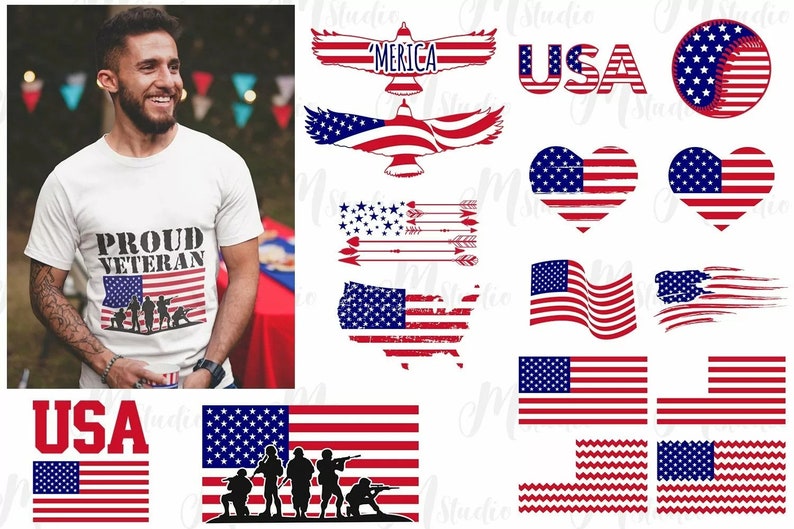 May include: A set of 12 digital clipart images featuring American flag designs. The designs include a heart, a circle, a USA text, a distressed flag, a waving flag, a flag with arrows, a flag with stars, a flag with soldiers, and a flag with an eagle. The designs are perfect for patriotic crafts, scrapbooking, and digital projects.