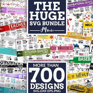 May include: A collage of colorful digital design files for crafting and cutting. The image features over 700 designs, including themes like family, school, camping, and more. The text "The Huge SVG Bundle - Mstudio" is displayed in a large font at the top of the image.