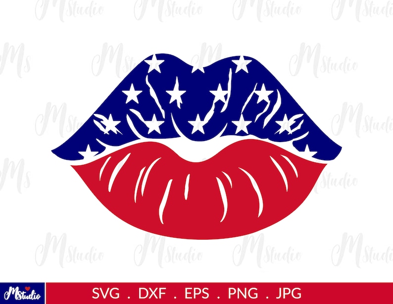 May include: A graphic of lips in red, white, and blue, with the upper lip representing the American flag. The lower lip is red. The image includes the text "SVG . DXF . EPS . PNG . JPG" at the bottom.