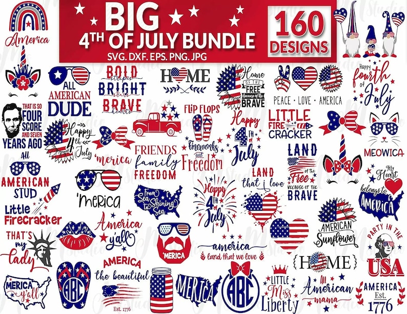 May include: A collection of 160 4th of July themed SVG, DXF, EPS, PNG, and JPG designs. The designs feature red, white, and blue colors and include various patriotic elements such as stars, stripes, fireworks, and American flags. The designs are perfect for creating crafts, decorations, and other projects.