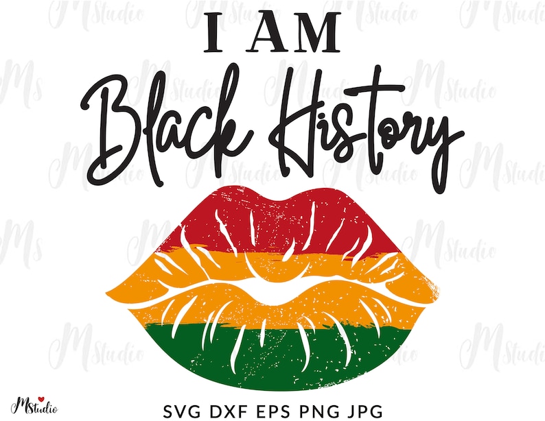 Pu&ograve; includere: Grafica del Mese della Storia Nera con il testo "I AM BLACK HISTORY" in lettere nere. La grafica presenta un design di labbra rosso, giallo e verde.