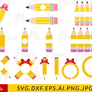 Pacote SVG de lápis, Monograma dividido em lápis, Moldura de nome, SVG de volta às aulas, SVG de professor, Moldura de monograma, Cricut, Silhueta, Download digital
