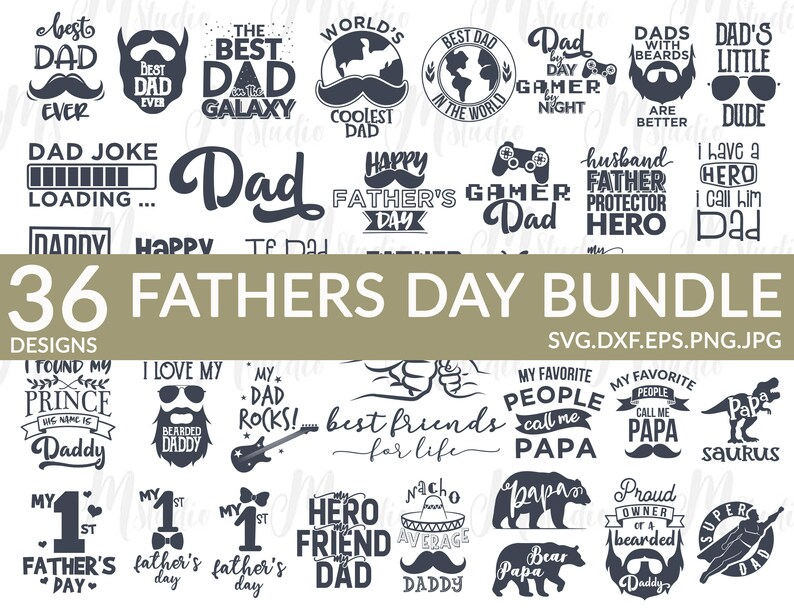 May include: A set of 36 Father's Day SVG cut files. The designs feature various phrases and illustrations related to fathers, dads, and fatherhood.  The designs are in black and white.