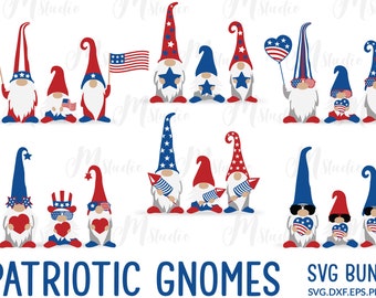 May include: A digital download of 10 SVG files featuring patriotic gnomes in red, white, and blue colors. The gnomes are holding American flags, fireworks, and hearts. The text "PATRIOTIC GNOMES" and "SVG BUNDLE" is included in the image.