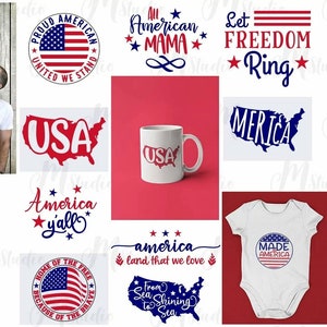 May include: A collage of 14 images featuring various patriotic designs and slogans. The designs include the American flag, stars, and the words "USA", "Merica", "Made in America", "Let Freedom Ring", and "We the People".