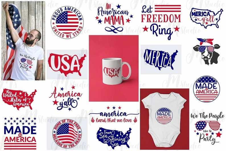 May include: A collage of 14 images featuring various patriotic designs and slogans. The designs include the American flag, stars, and the words "USA", "Merica", "Made in America", "Let Freedom Ring", and "We the People".