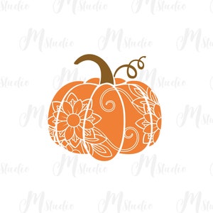 Pode incluir: Uma ab&oacute;bora laranja com um design de mandala branco. A ab&oacute;bora tem um caule marrom e uma videira encaracolada.
