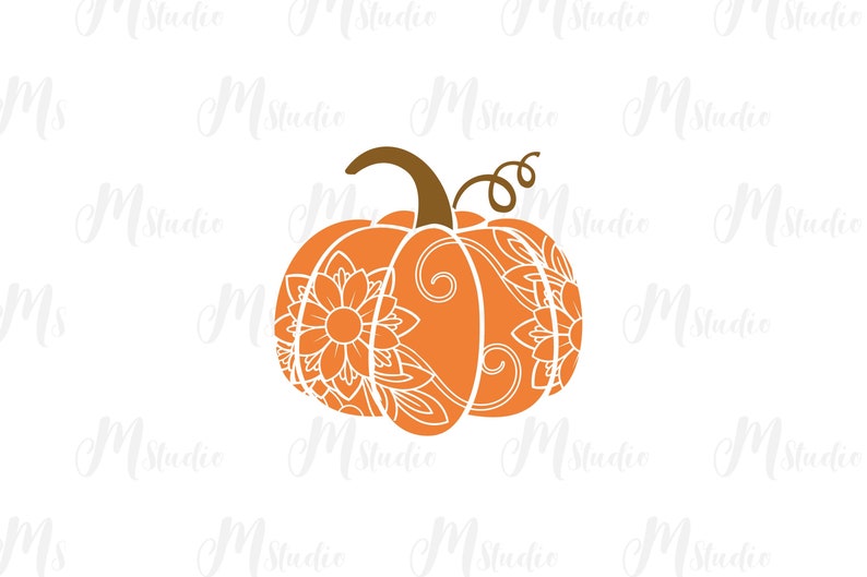 Pode incluir: Uma ab&oacute;bora laranja com um design de mandala branco. A ab&oacute;bora tem um caule marrom e uma videira encaracolada.