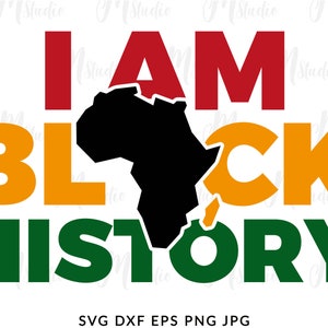 Peut inclure: Conception graphique noire et verte avec le texte "I AM BLACK HISTORY" et une silhouette du continent africain.